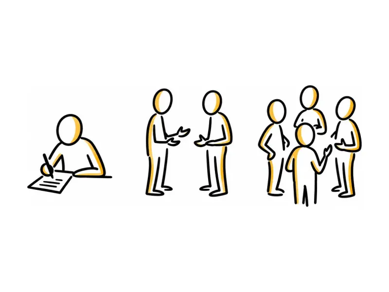 Illustration au trait : une personne seule, puis deux, puis quatre, puis un groupe.