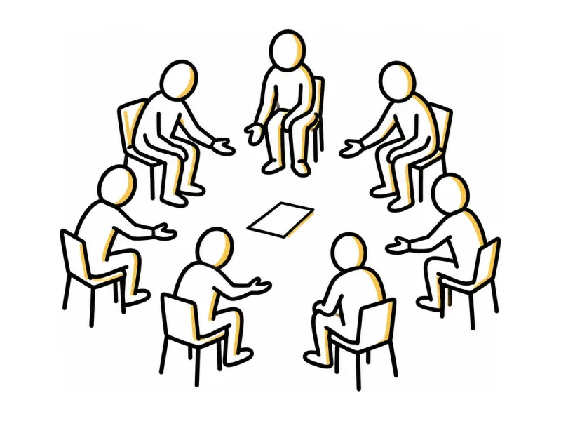 Illustration au trait : des mains ouvertes autour d'une table, aucune objection.