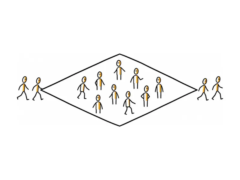 Illustration au trait : un losange tracé au sol que des personnes traversent.