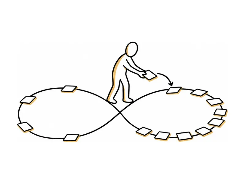 Illustration au trait : une boucle en huit qui relie quatre phases.