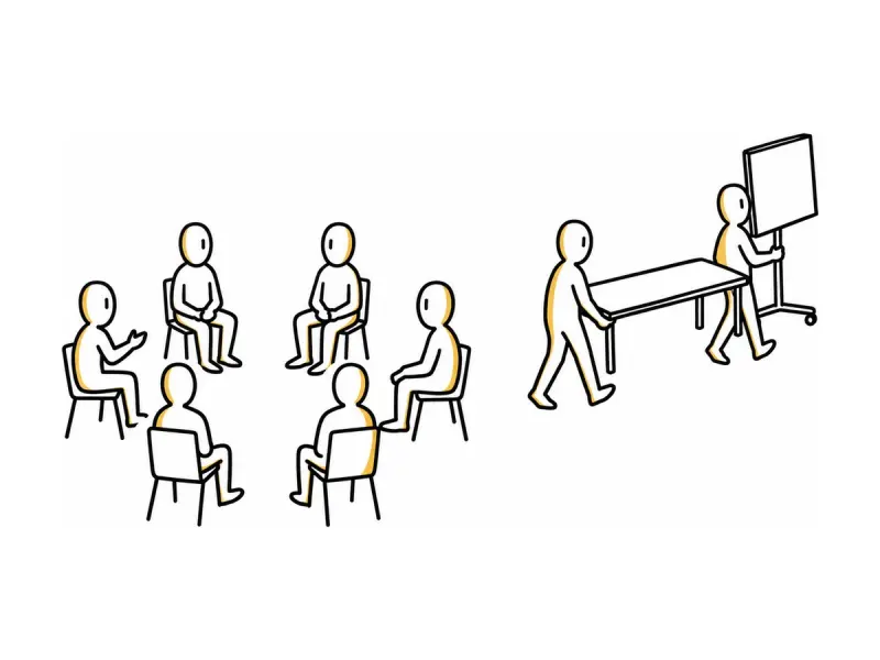 Illustration au trait : on retire la table et l'écran de la salle.