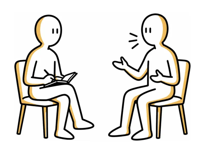 Illustration au trait : deux personnes face à face, un carnet ouvert.