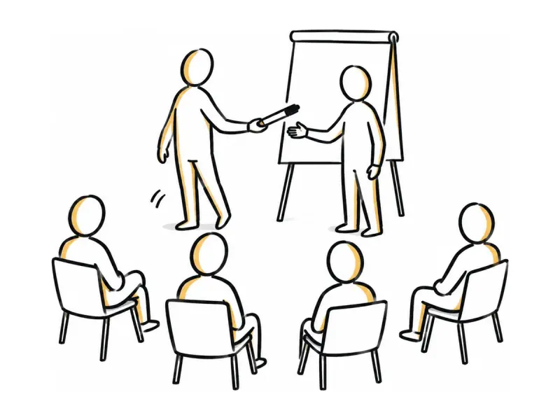 Illustration au trait : une personne passe le feutre et rejoint le cercle.
