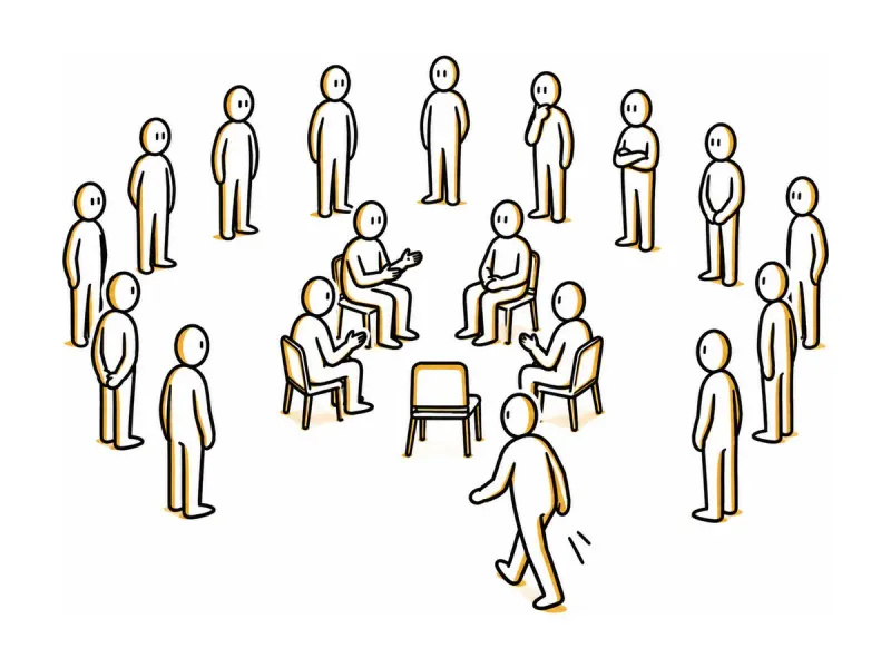 Illustration au trait : un cercle central de chaises avec une chaise vide.