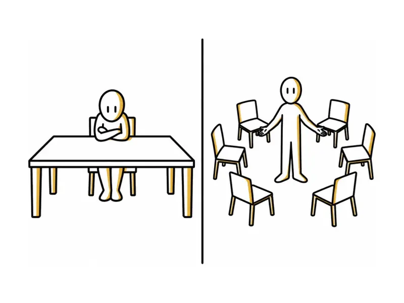 Illustration au trait : la même personne dessinée dans deux environnements différents.