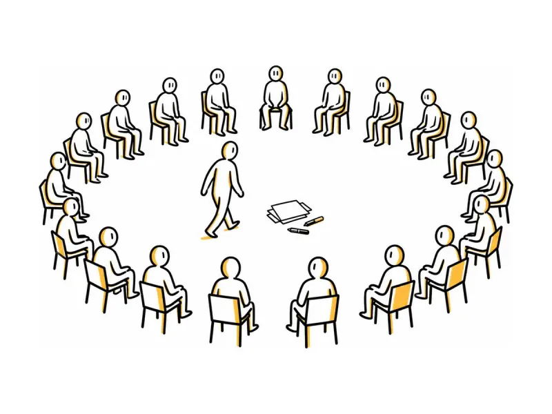 Illustration au trait : un grand cercle de participants, des feuilles au centre.
