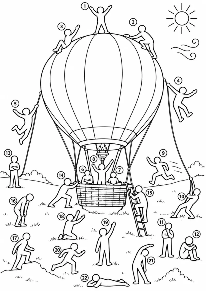 Illustration au trait : des personnages numérotés autour d'une montgolfière.