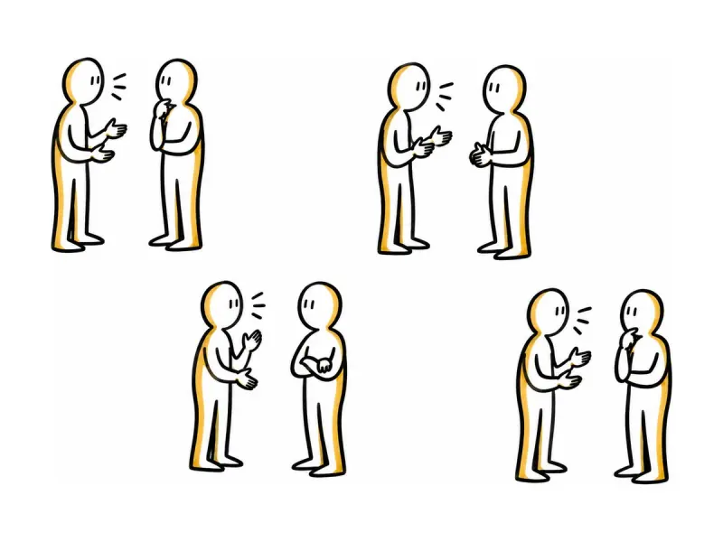 Illustration au trait : des binômes debout face à face.