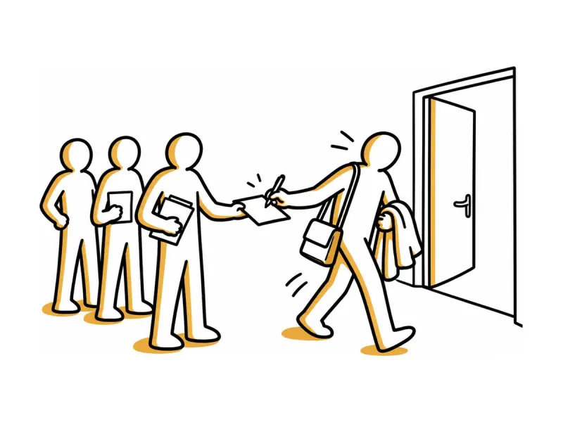 Illustration au trait : un dirigeant signe un document en passant, sans s'arrêter.