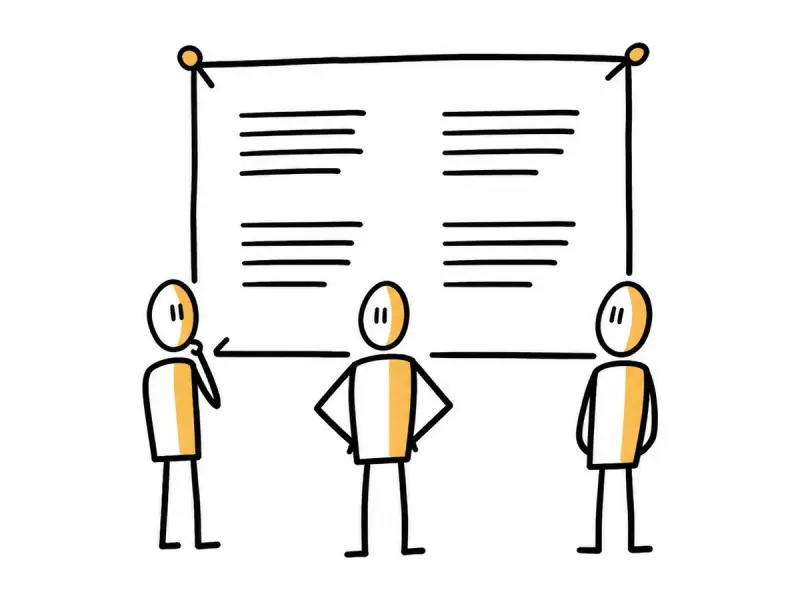 Illustration au trait : trois personnes lisent une feuille punaisée au mur.