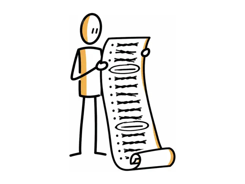 Illustration au trait : une longue liste barrée dont il ne reste que deux lignes.