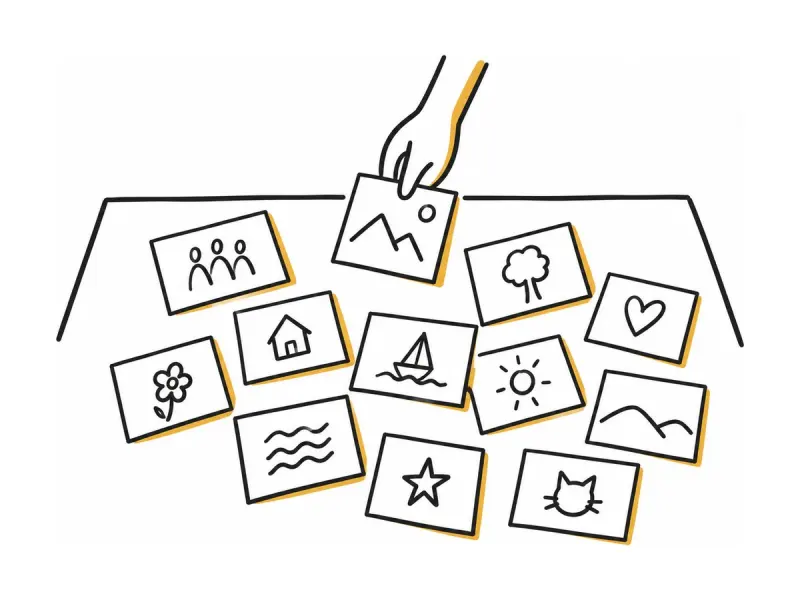 Illustration au trait : des photos étalées sur une table, une main en choisit une.