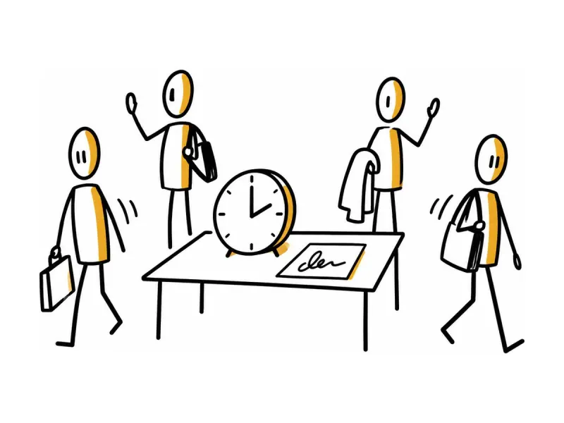 Illustration au trait : une horloge et une feuille signée sur une table.
