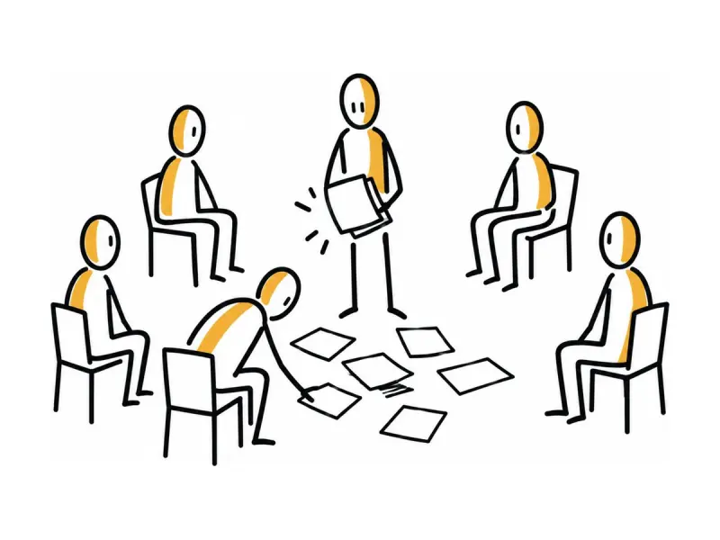 Illustration au trait : une erreur posée au centre, le groupe reste calme.